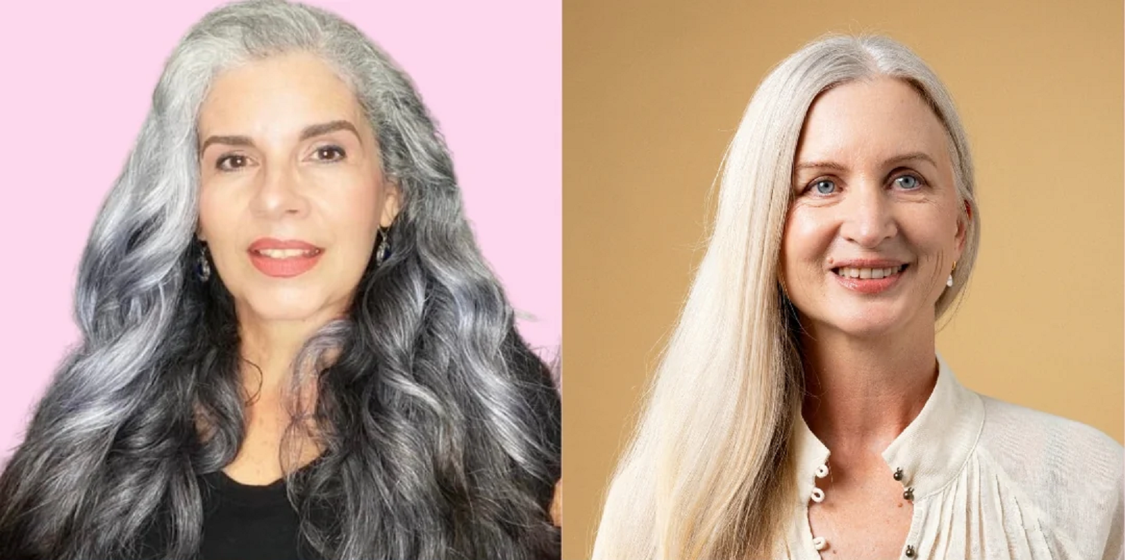 Two photos of women with silver or gray hair, showcasing different styles and haircare routines. The images include a close-up of a woman with long silver waves and a smiling woman with straight silver hair.