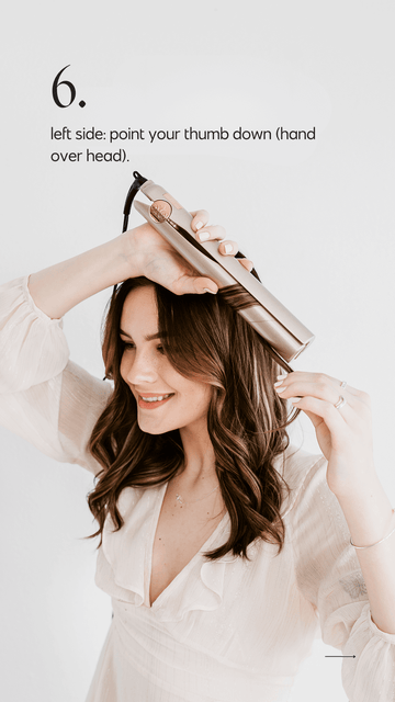 Woman with long hair demonstrating the sixth step in how to use the Tyme iron pro straightener and curler